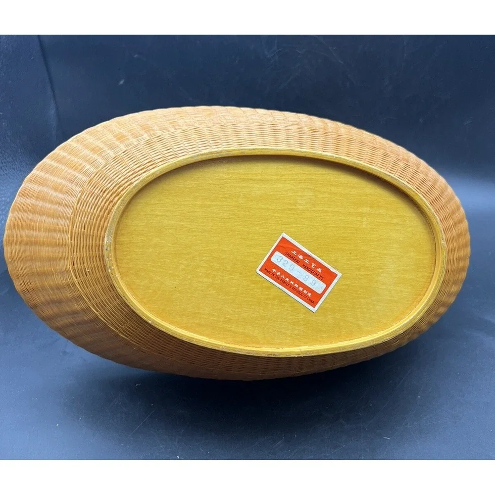 Vtg Woven Rattan Duck Basket w Lid Chinese Shanghai Rare ZheJiang Handicrafts